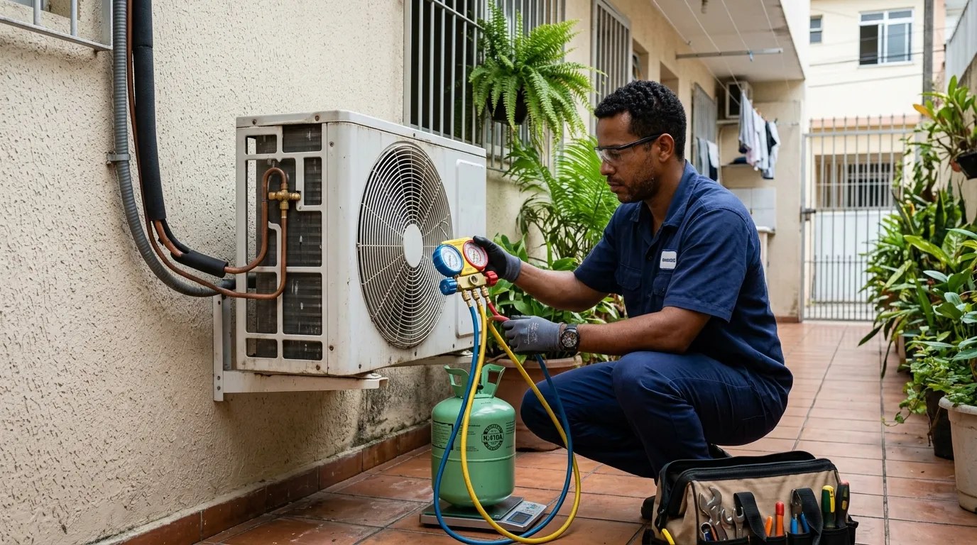 Técnico fazendo carga de gás na condensadora do ar-condicionado em Blumenau‑SC