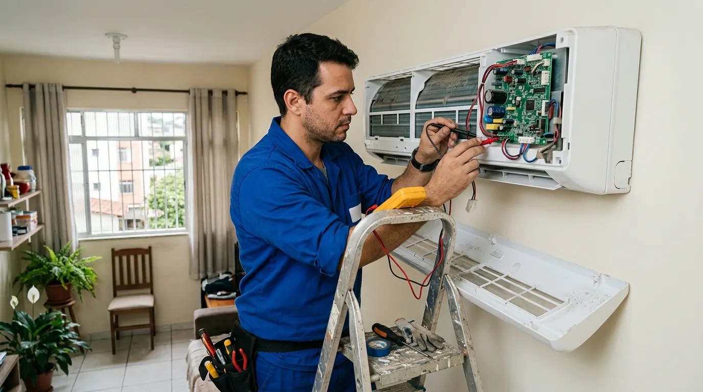 Técnico trocando a placa eletrônica de ar-condicionado split em Blumenau‑SC