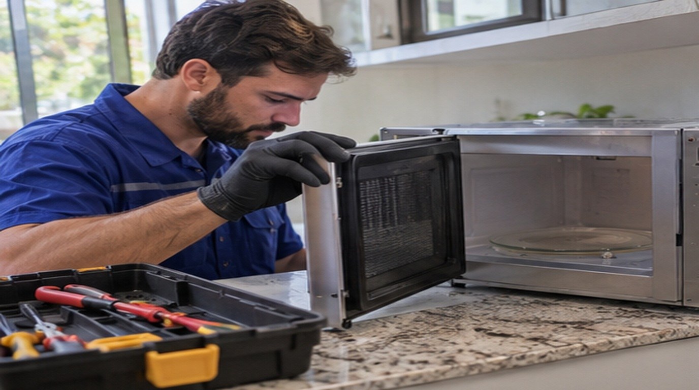 Conserto de micro-ondas em Blumenau‑SC: técnico abrindo um micro-ondas de bancada