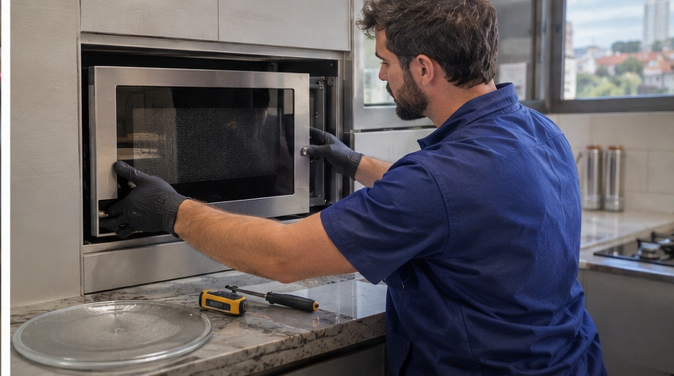 Conserto de micro-ondas de embutir em Blumenau‑SC: técnico encaixando o aparelho no armário