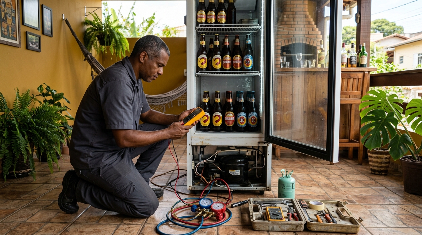Placa eletrônica de cervejeira em reparo na bancada na Itoupava Seca, Blumenau‑SC