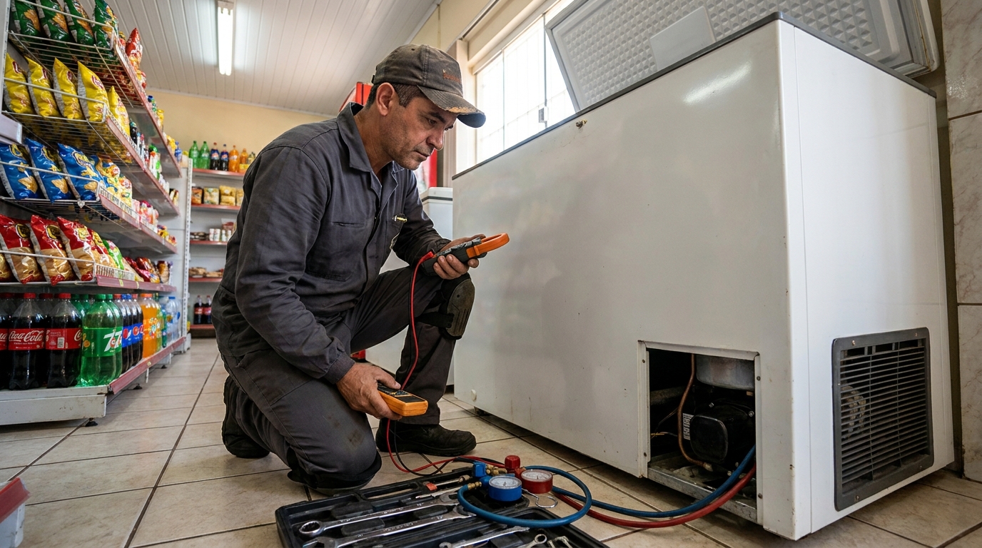 Reparo da placa eletrônica de um freezer em atendimento no Centro, Blumenau‑SC