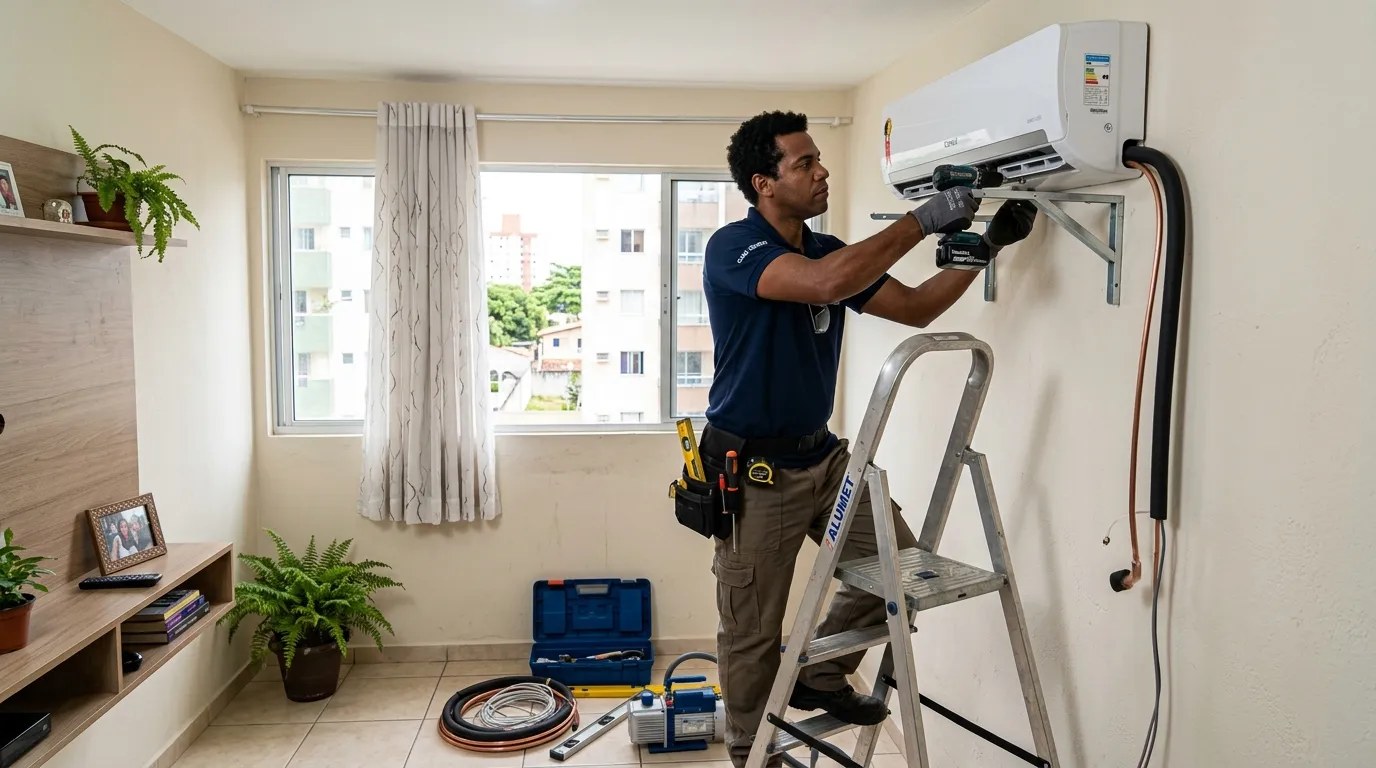 Técnico instalando ar-condicionado split em residência em Blumenau‑SC