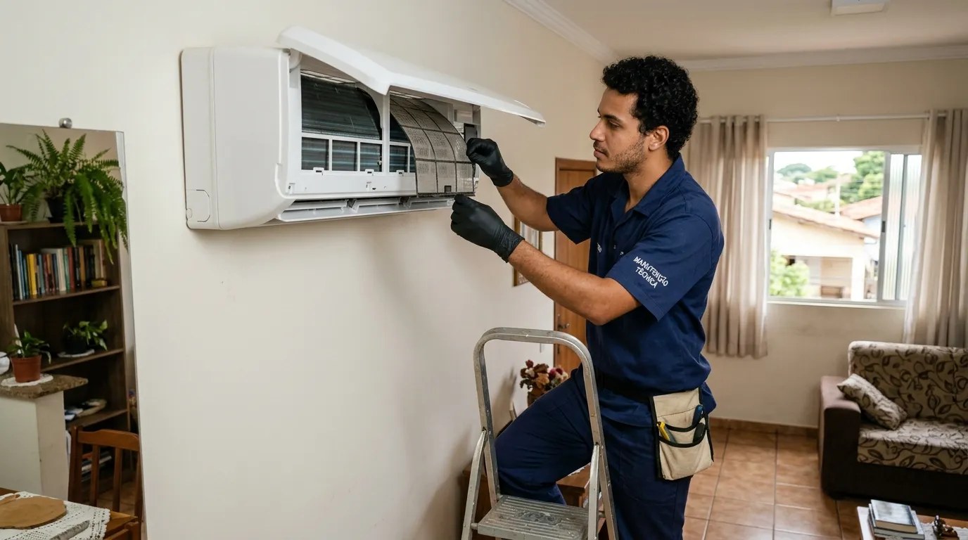 Técnico fazendo limpeza e higienização de ar-condicionado split em Blumenau‑SC