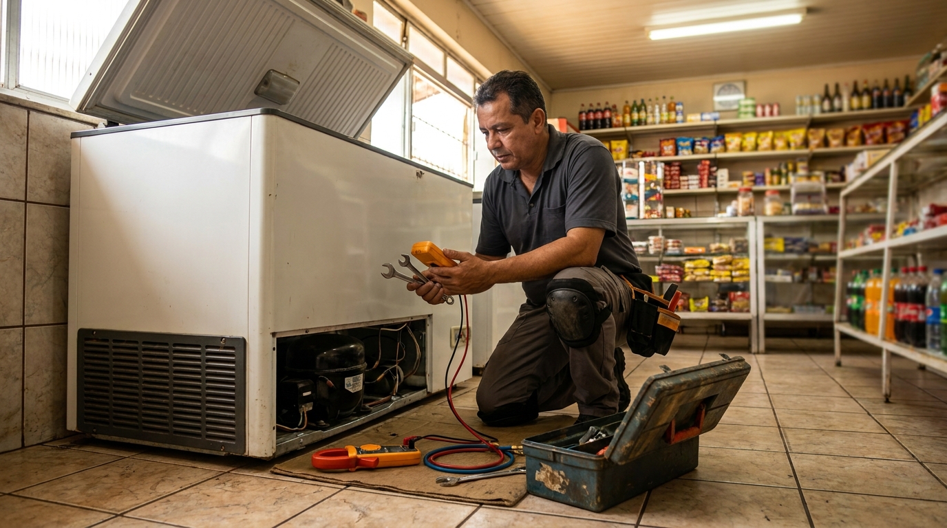 Técnico reparando o motor de um freezer horizontal no Centro, Blumenau‑SC