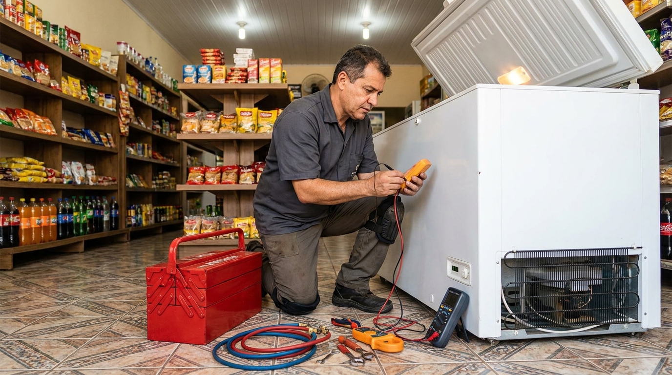 Manômetro conectado ao circuito durante recarga de gás de freezer no Centro, Blumenau‑SC