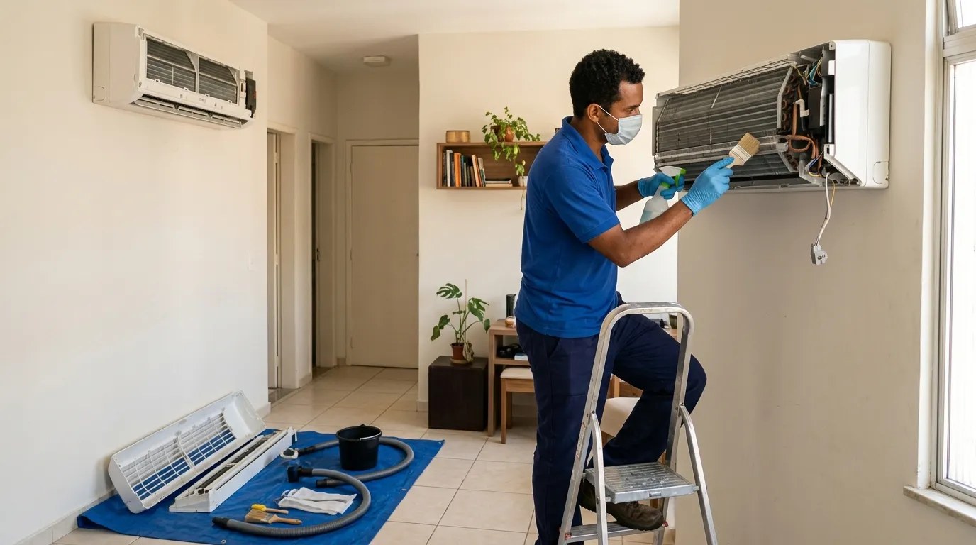 Técnico fazendo manutenção de ar-condicionado split em Blumenau‑SC