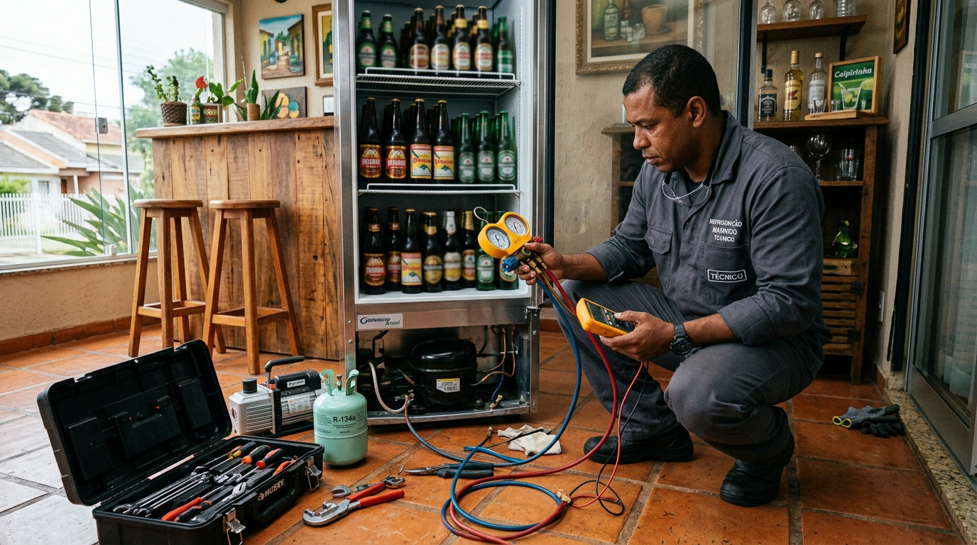Técnico conferindo a temperatura de uma cervejeira durante atendimento na Itoupava Seca, Blumenau‑SC