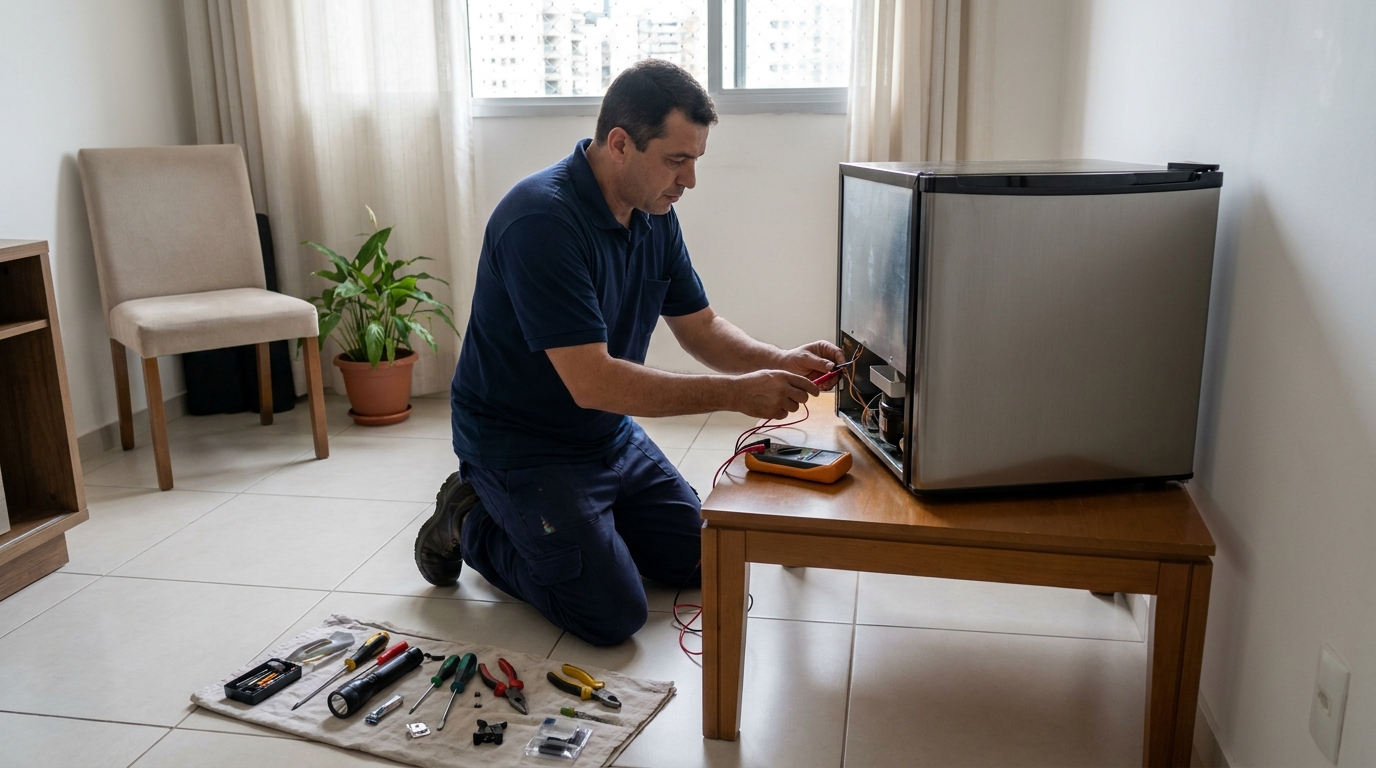 Técnico avaliando um frigobar compacto durante atendimento na Itoupava Central, Blumenau‑SC